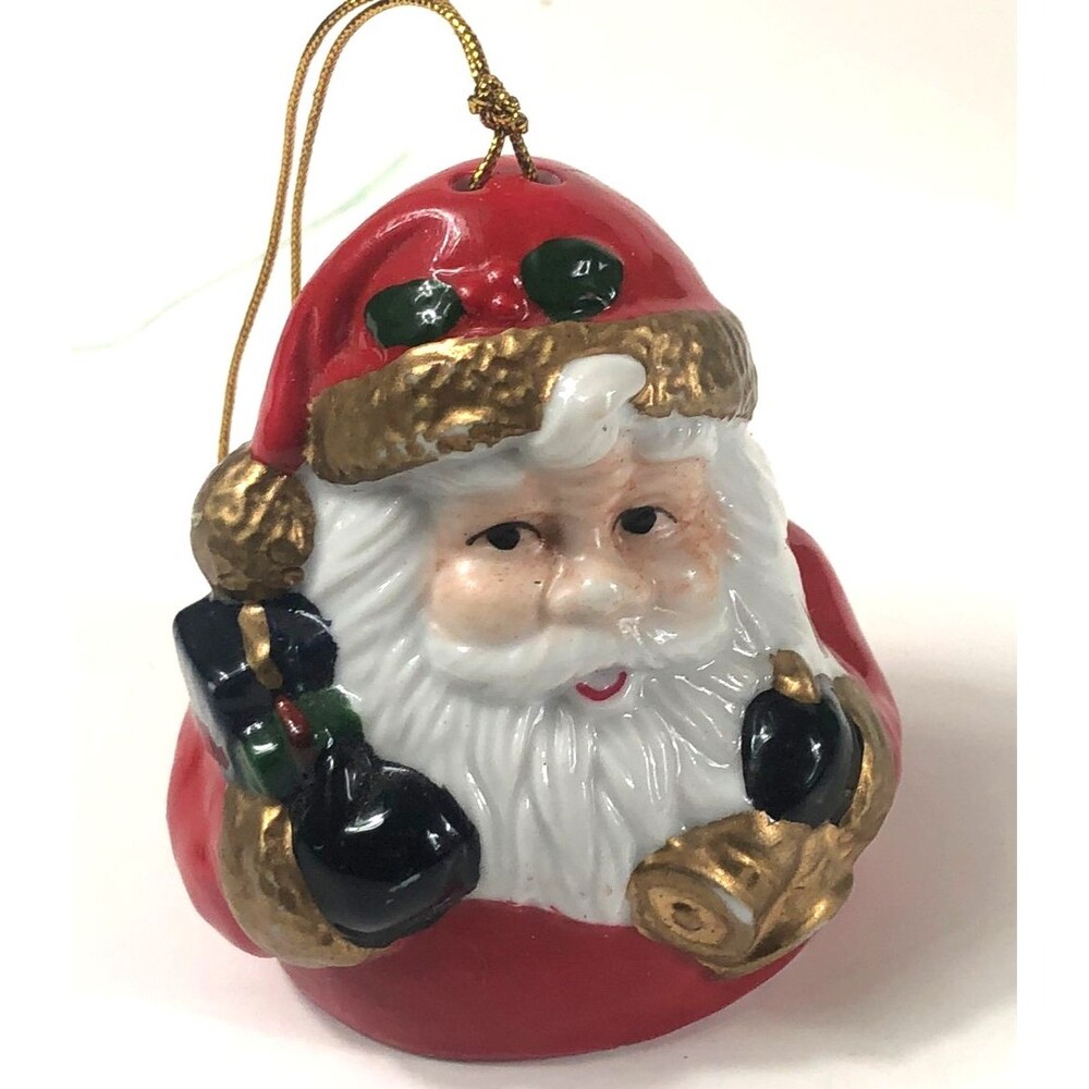 Vintage Ceramic Santa Bell Christmas Ornament in Green Brocade Fabric Box Holder